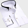 White dress shirt with black collar and cuffs on a white background