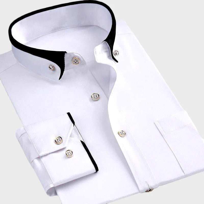 White dress shirt with black collar and cuffs on a white background