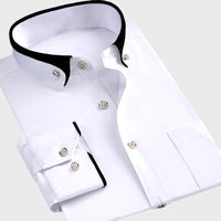 White dress shirt with black collar and cuffs on a white background